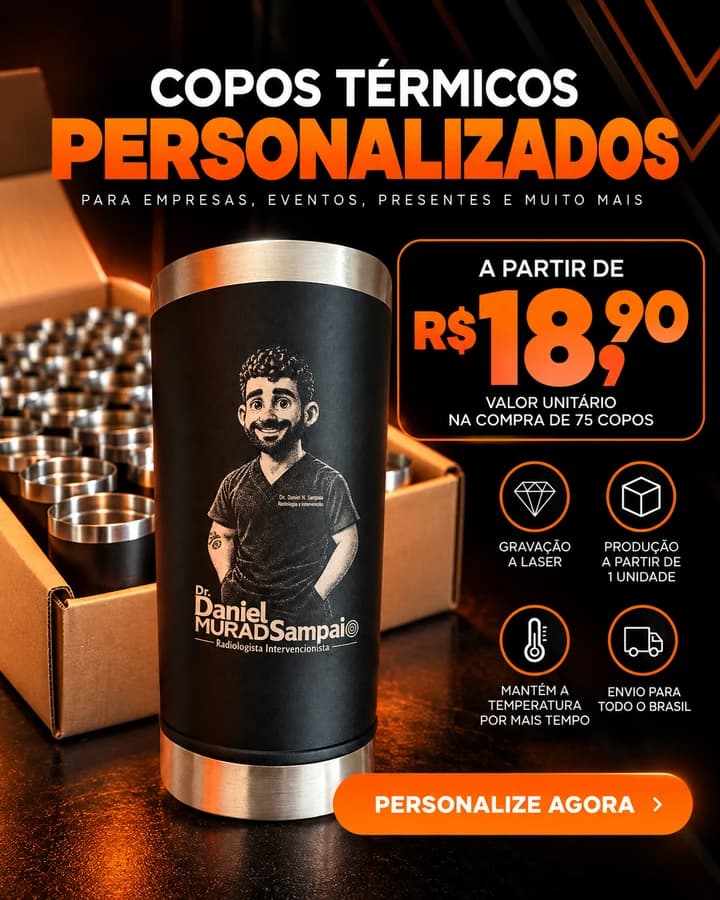 Promoção V12 Personalizados: 75 copos térmicos personalizados com gravação a laser por R$ 18,90 cada. Copo preto com gravação personalizada, ideal para empresas, eventos e presentes.